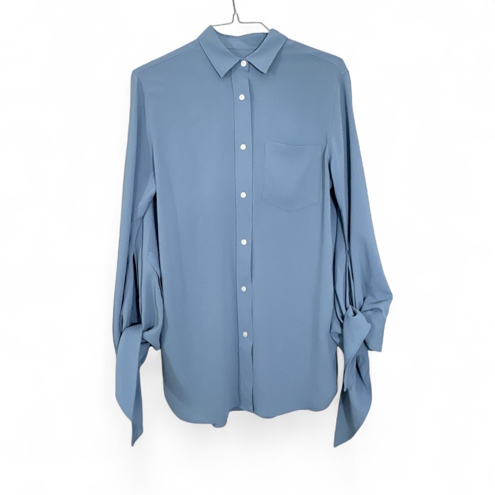 Banana Republic Wm Small Steel Blue Long Sleeve Tie Cuff Button Down Blouse NWOT